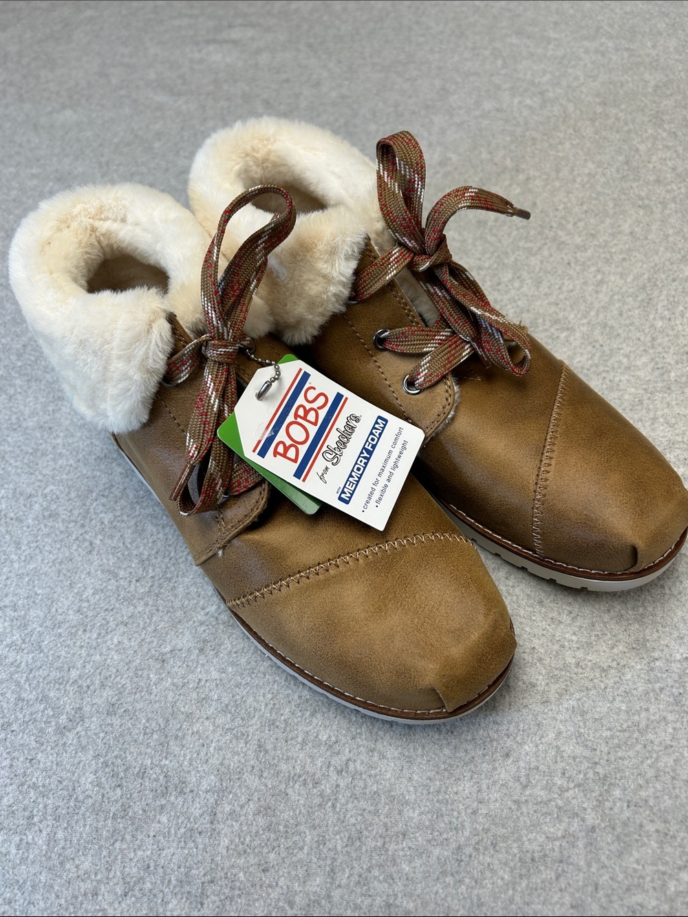 New BOBS from Skechers Tan Faux-Fur Trim Memory Foam Ankle Boots Women’s 8.5